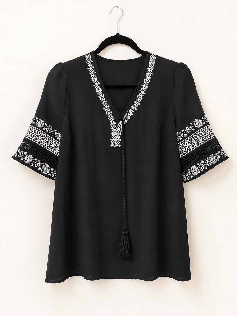 Black Embroidered V-Neck Women’s Top with Tassel